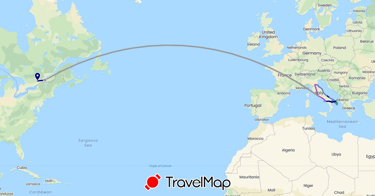 TravelMap itinerary: driving, bus, plane, cycling, train, hiking, boat in Canada, Italy, Vatican City (Europe, North America)