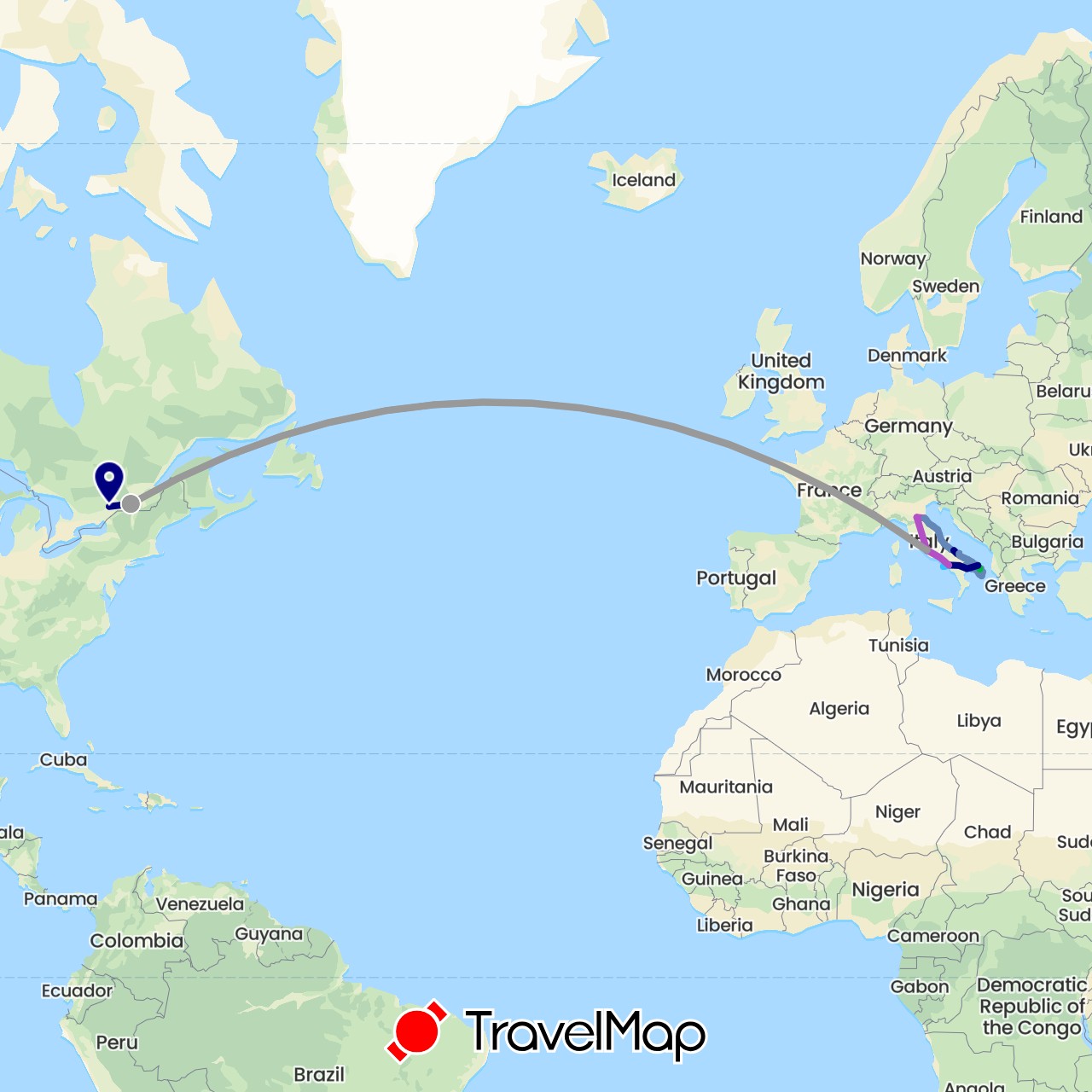 TravelMap itinerary: driving, bus, plane, cycling, train, hiking, boat in Canada, Italy, Vatican City (Europe, North America)