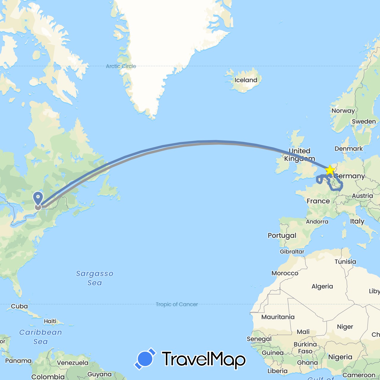 TravelMap itinerary: driving, plane, cycling in Belgium, Canada, Germany, France, Netherlands (Europe, North America)
