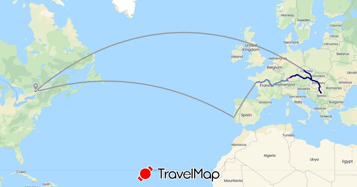 TravelMap itinerary: driving, plane, cycling, train in Austria, Canada, Switzerland, Czech Republic, Germany, France, Hungary, Portugal, Serbia, Slovakia (Europe, North America)