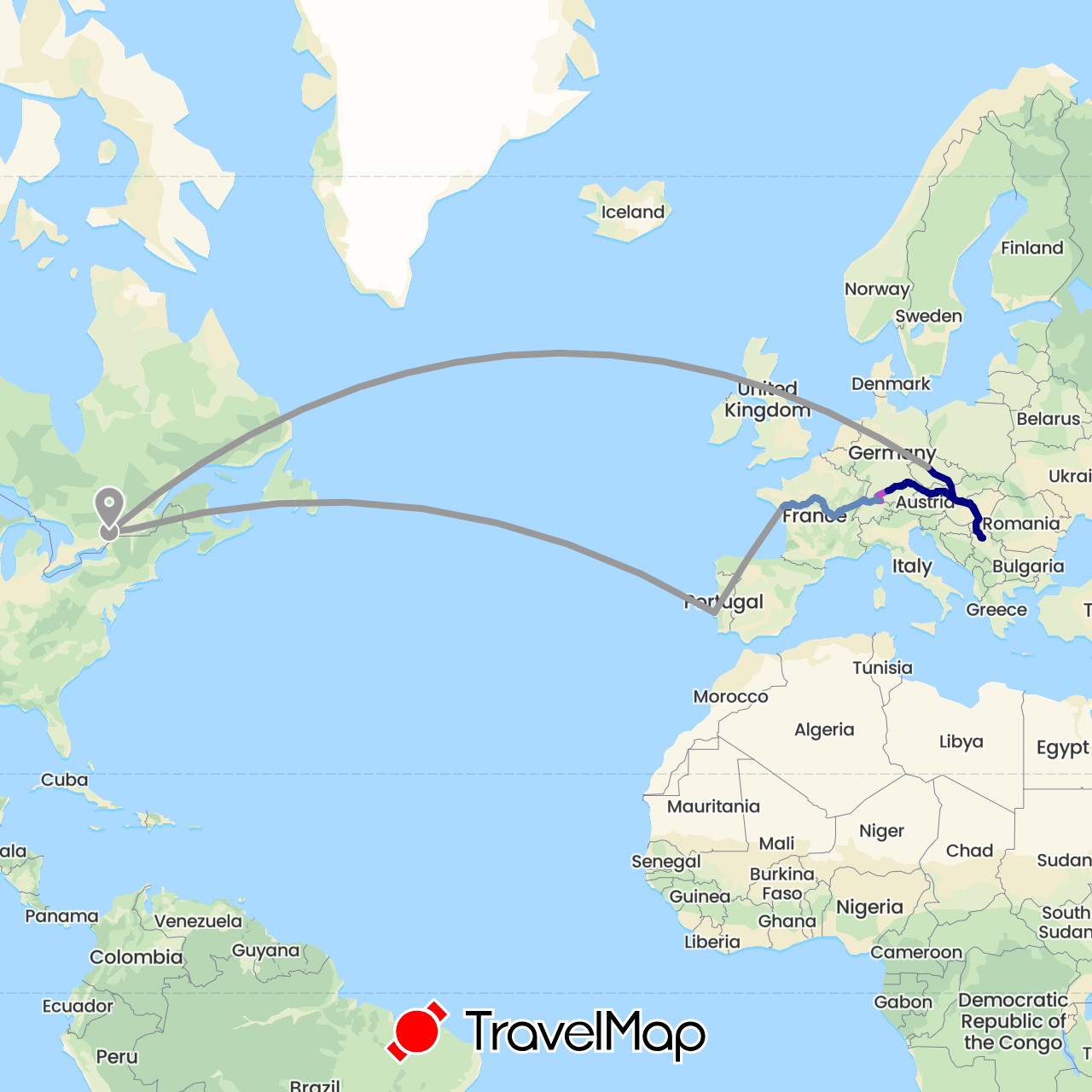 TravelMap itinerary: driving, plane, cycling, train in Austria, Canada, Switzerland, Czech Republic, Germany, France, Hungary, Portugal, Serbia, Slovakia (Europe, North America)